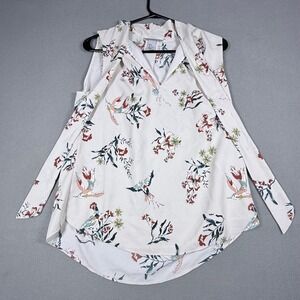H&M Women Sleeveless Tie Neck Blouse Size 4 White Bird Floral Print Crepe Top